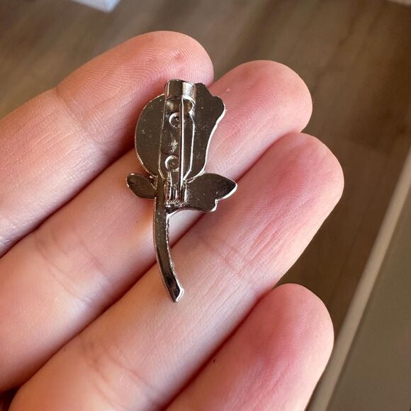 Vintage Enamel Red Rose Brooch Pin with Rhinestone Accent - Picture 3 of 3